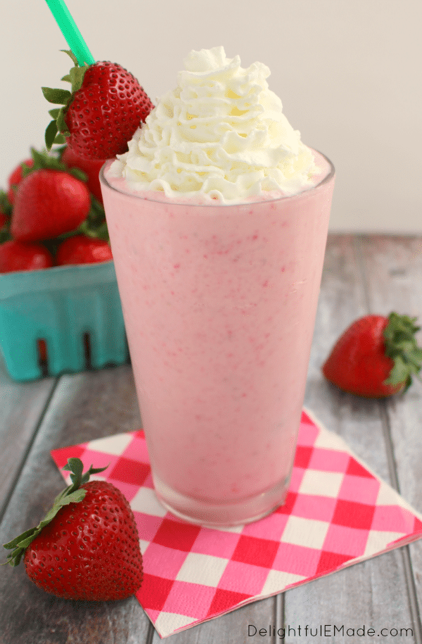 Love Starbucks Strawberries and Cream Frappuccino but don't like all the sugar, fat and calories? I've got you covered with this delicious, skinny version! Creamy, full of fresh strawberry flavor and under 200 calories!
