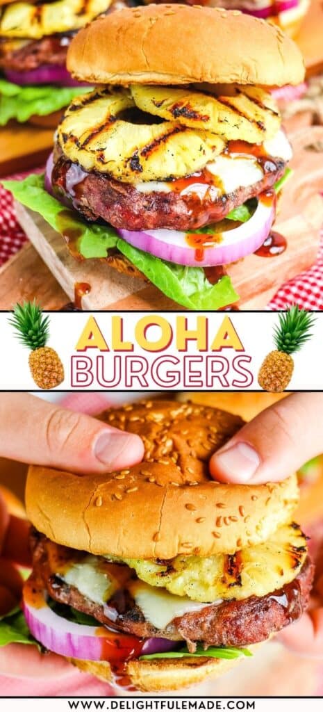 Aloha burger topped with grilled pineapple, teriyaki sauce, red onion slices on a toasted sesame bun.