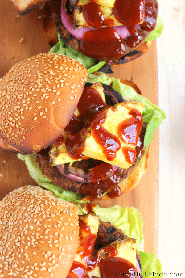 Loaded with grilled pineapple, red onion and a sweet BBQ sauce, these burgers are a must-have at your next cookout! An excellent option for vegetarians, this burger will have the carnivores jealous!