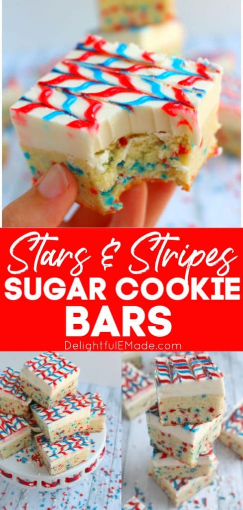 Red white and blue sugar cookie bars with white frosting. Bar with bite taken out and bars on platter and stacked on table.
