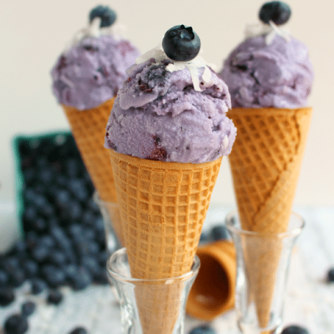 Loaded with fresh blueberries and sweet coconut, this ice cream will knock your socks off! Made with just a few ingredients, this homemade ice cream is perfect in a cone, a dish and fantastic with cake, too!