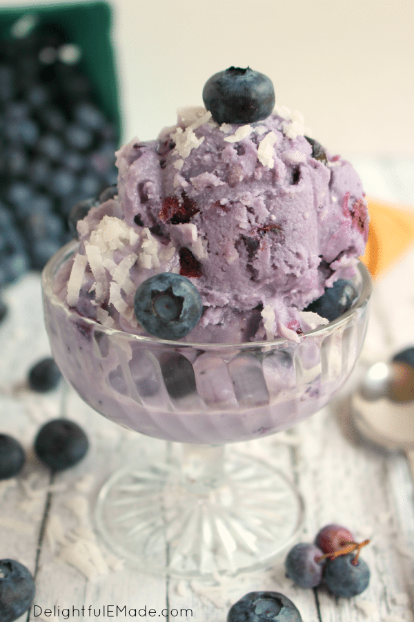 Loaded with fresh blueberries and sweet coconut, this ice cream will knock your socks off! Made with just a few ingredients, this homemade ice cream is perfect in a cone, a dish and fantastic with cake, too!