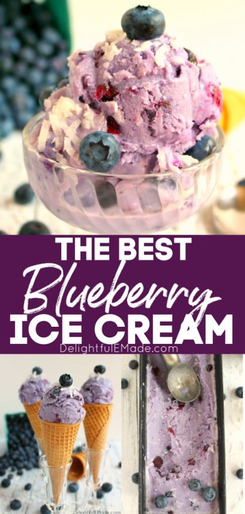 Blueberry ice cream in a dish, topped with coconut flakes and fresh blueberries, scooped in cones, and frozen in a pan.