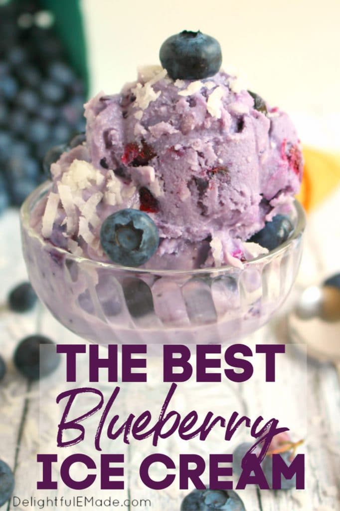 Clear dessert dish with scoops of blueberry ice cream topped with flake coconut and fresh blueberries.