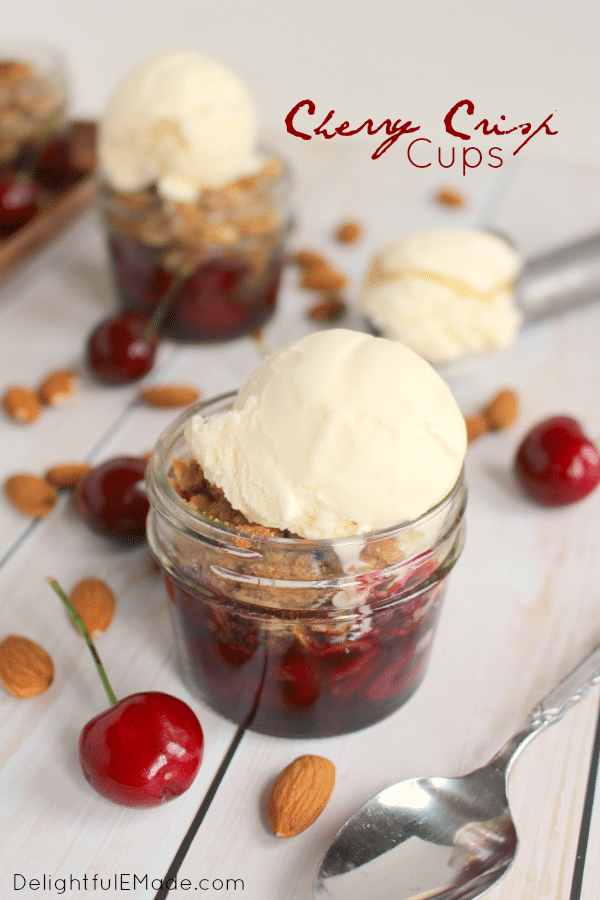 A dessert classic everyone loves!  Fresh cherries are topped with a delicious almond crisp and baked in jars for the perfect single-serving dessert.  Served fresh out of the oven with scoop of ice cream, these are incredible!