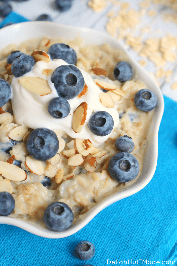 A healthy, easy and delicious way to start your day! Creamy, delicious vanilla oatmeal mixed with plump, fresh blueberries make for a breakfast that's loaded with protein and fiber keeping you full all the way to lunchtime!