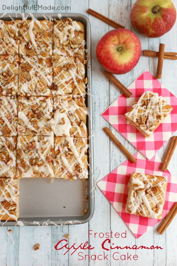 Fresh apples baked in a moist, delicious cake and topped with pecans and an amazing glaze, this snack cake is amazing! Perfect for an after-school snack, lunch box treat or a delicious dessert any day of the week!