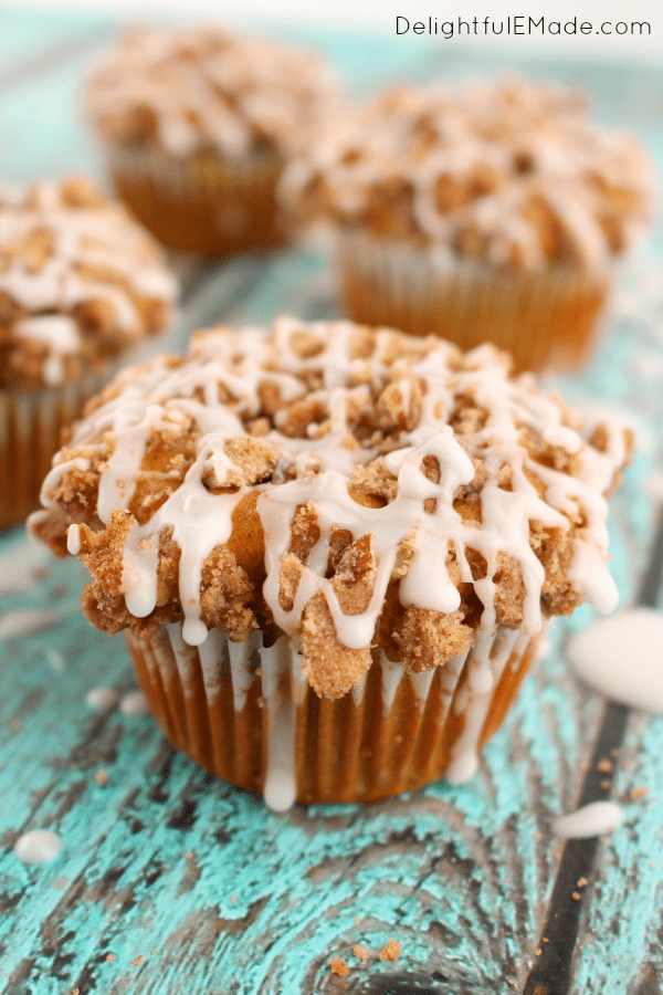 All of your fall favorites in one delicious breakfast treat! These Pumpkin Apple Struesel Muffins are wonderfully moist, with big chunks of apples baked inside with a delicious streusel and glaze on top. Bakery quality muffins right at home!