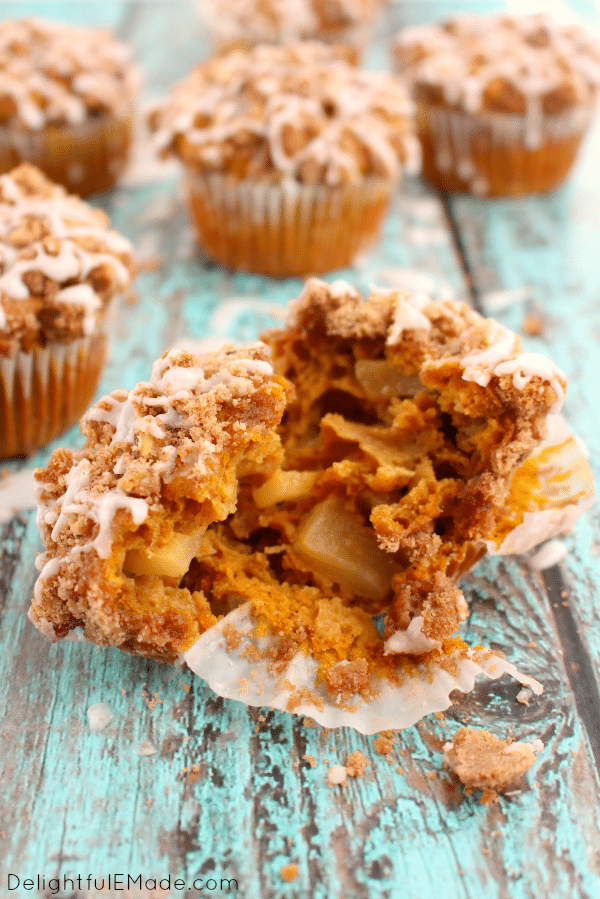 All of your fall favorites in one delicious breakfast treat! These Pumpkin Apple Struesel Muffins are wonderfully moist, with big chunks of apples baked inside with a delicious streusel and glaze on top. Bakery quality muffins right at home!