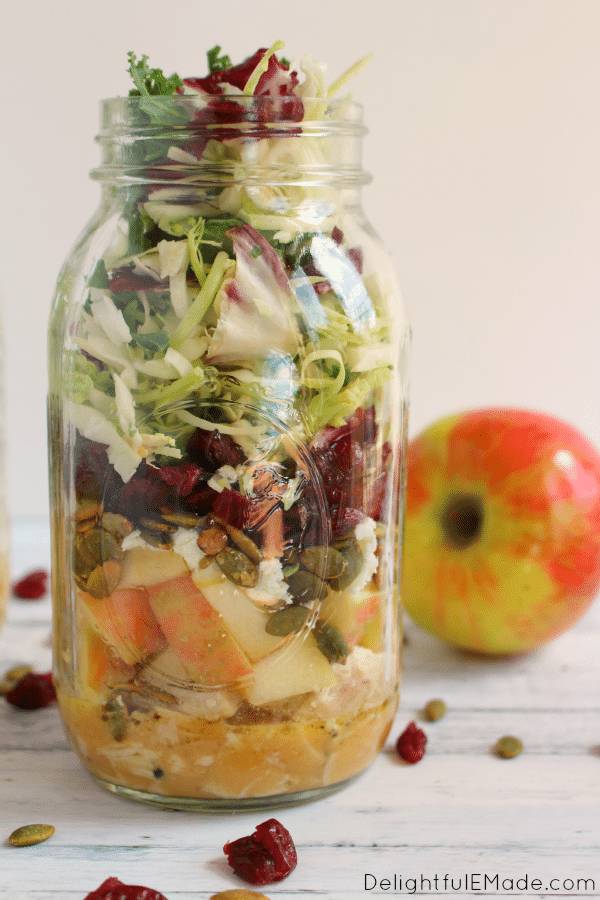 How about a healthy, easy delicious lunch idea? My Honey Crisp Apple & Sweet Kale Salad with Apple Cider Vinaigrette is the perfect lunch solution! Pack ahead of time, and take with you to work, they're the perfect make-head meal!