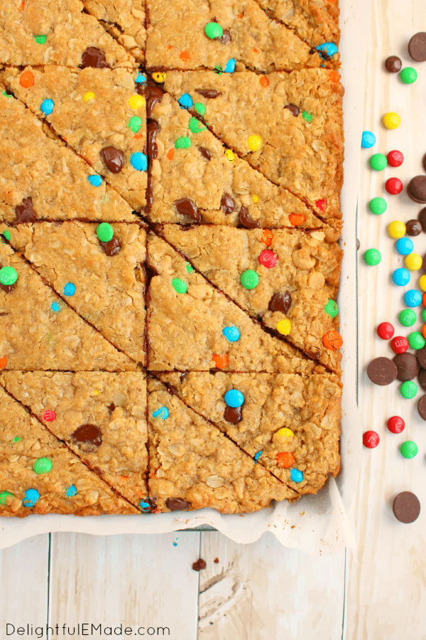 If you like the classic cookie, you'll LOVE these Monster Cookie Bars! Loaded with all your cookie favorites - chocolate chips, M&M's, peanut butter chips, these bars are super-moist, chewy and completely delicious!