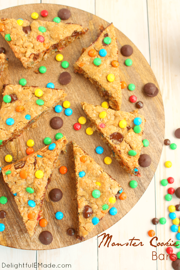 If you like the classic cookie, you'll LOVE these Monster Cookie Bars! Loaded with all your cookie favorites - chocolate chips, M&M's, peanut butter chips, these bars are super-moist, chewy and completely delicious!