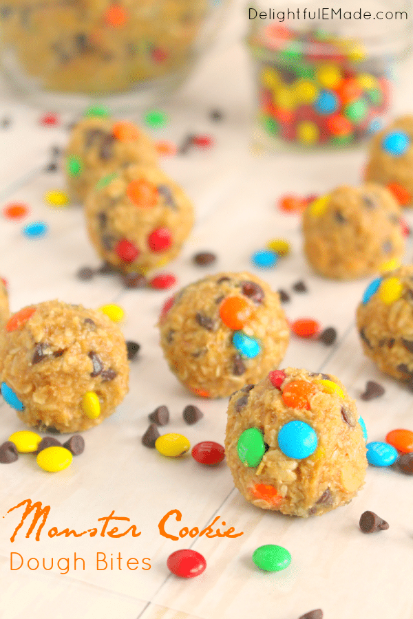 Monster Cookie Dough Bites | Loaded with M&M's, chocolate and peanut butter chips, this cookie dough is egg-free and made to be eaten right out of the bowl, or rolled into balls for the perfect cookie dough treat. No sneaking necessary! 