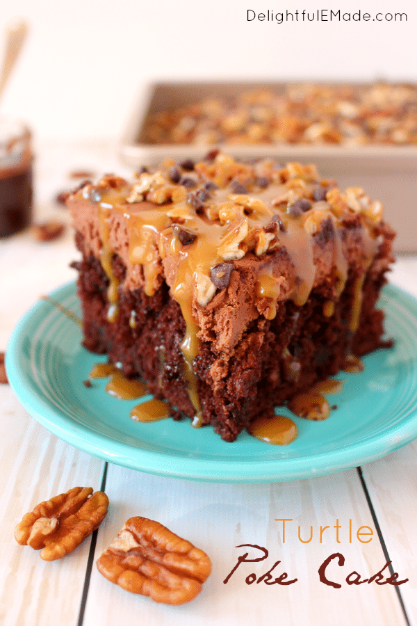 The classic Turtle candy, made into a glorious poke cake! Devils food cake is drizzled with hot fudge, layered with thick chocolate frosting and then topped with pecans, chocolate and caramel for the most amazing cake!