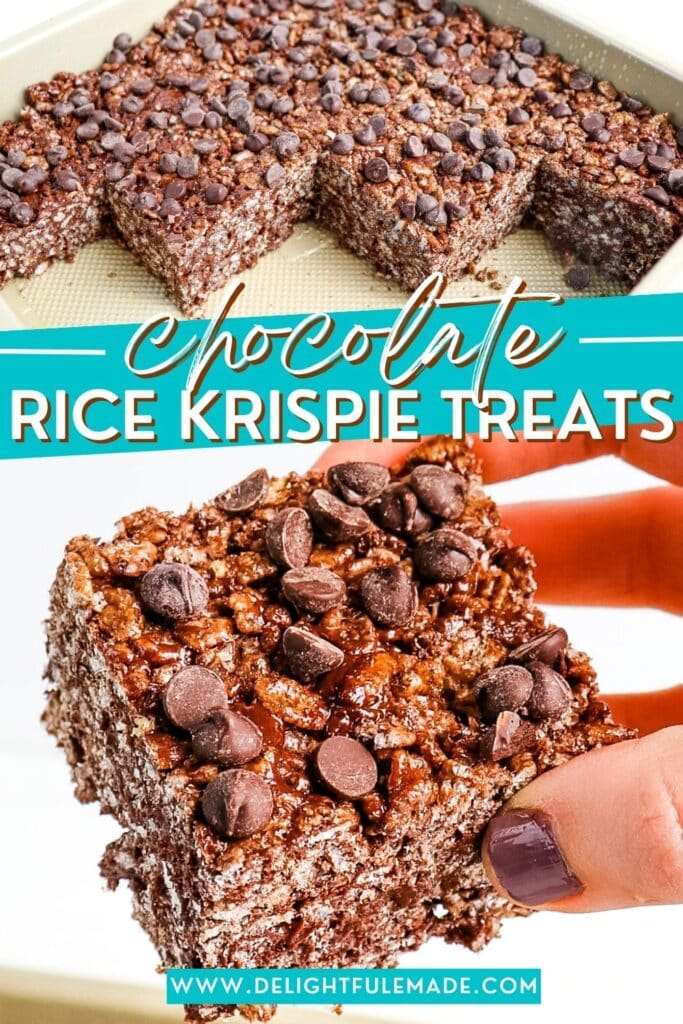 Chocolate rice krispie treats cut into squares in pan, and single bar held in hand.