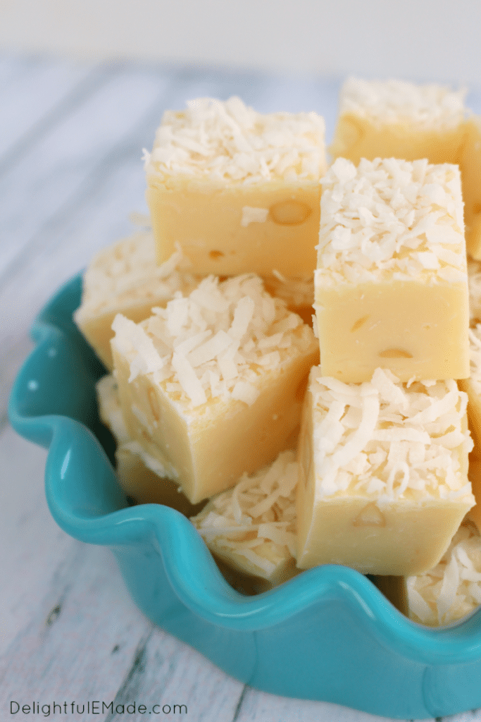 If you're a coconut lover, this fudge is for you! White chocolate, coconut and macadamia nuts make for the most amazing sweet, rich candy treat! Perfect for the holidays or anytime you're in the mood for some tropical flavors!