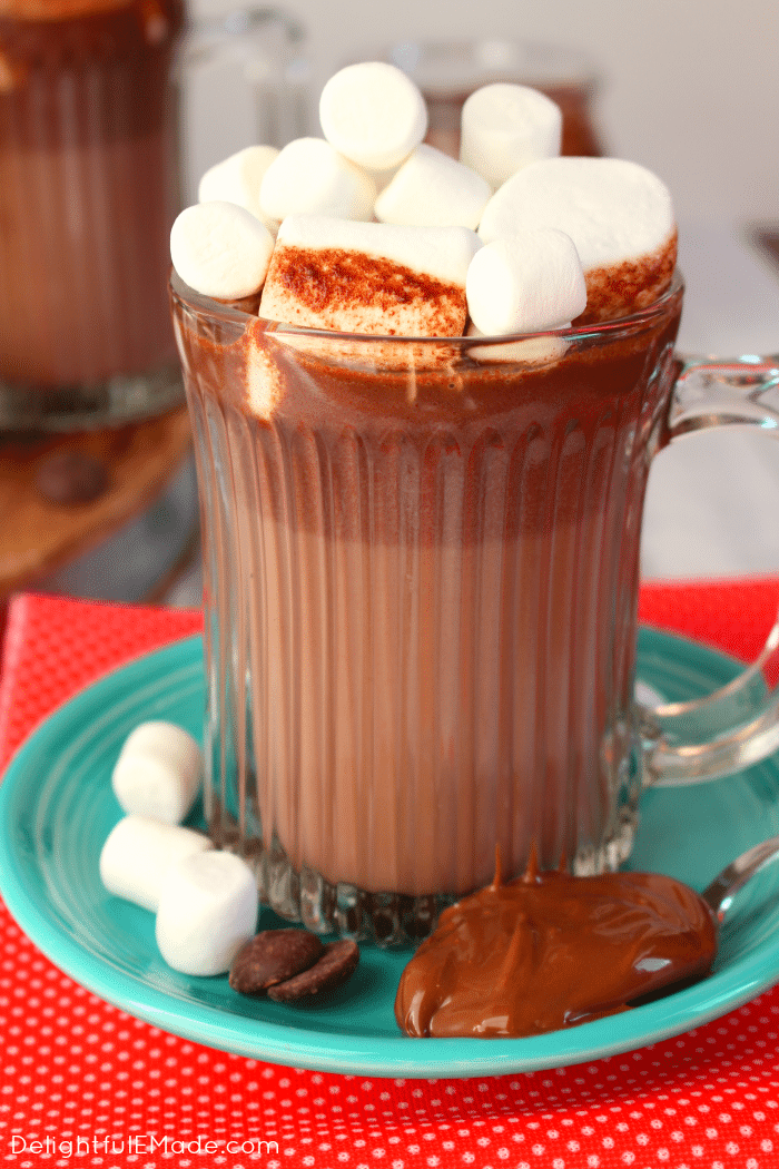If you love Nutella, this homemade hot chocolate is for you! Made on the stove top in just minutes, this creamy, chocolaty hot drink is perfect for warming up when its cold outside!