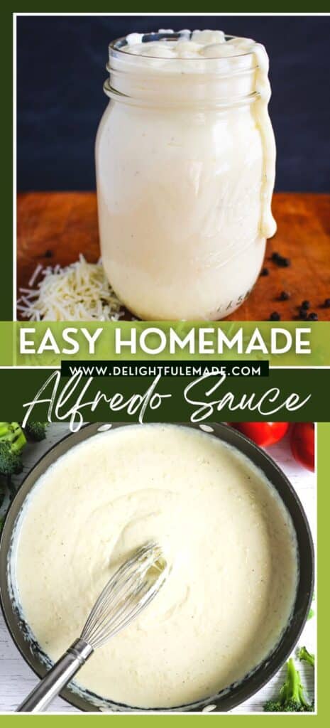 Homemade alfredo sauce recipe in a mason jar and in a skillet with whisk in the center.