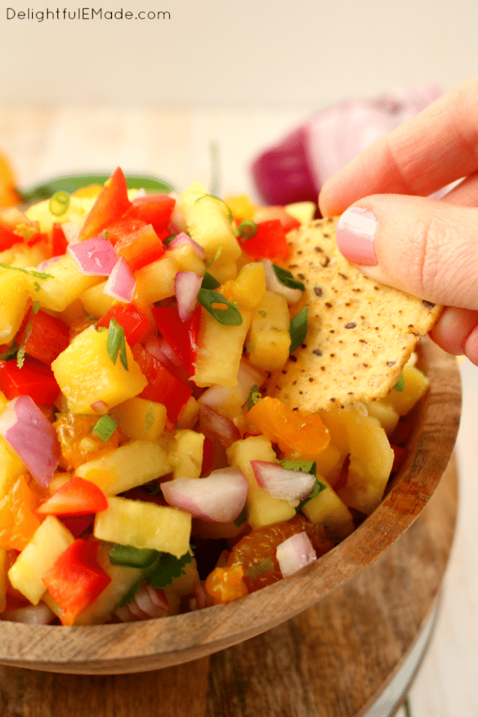 Fresh, healthy flavors of of the tropics are paired with peppers and onions for the most amazing sweet, crunchy salsa! Perfect for topping fish or chicken, and great for eating with chips! 0 Weight Watchers Smart Points!