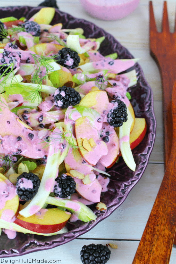 Fresh, crisp apples and fennel are paired with blackberries, celery and toasted almonds to make this delicious salad.  Topped with a creamy blackberry vinaigrette, this delicious side dish comes together in just minutes!  Perfect paired with chicken or salmon and also makes a wonderful holiday side!