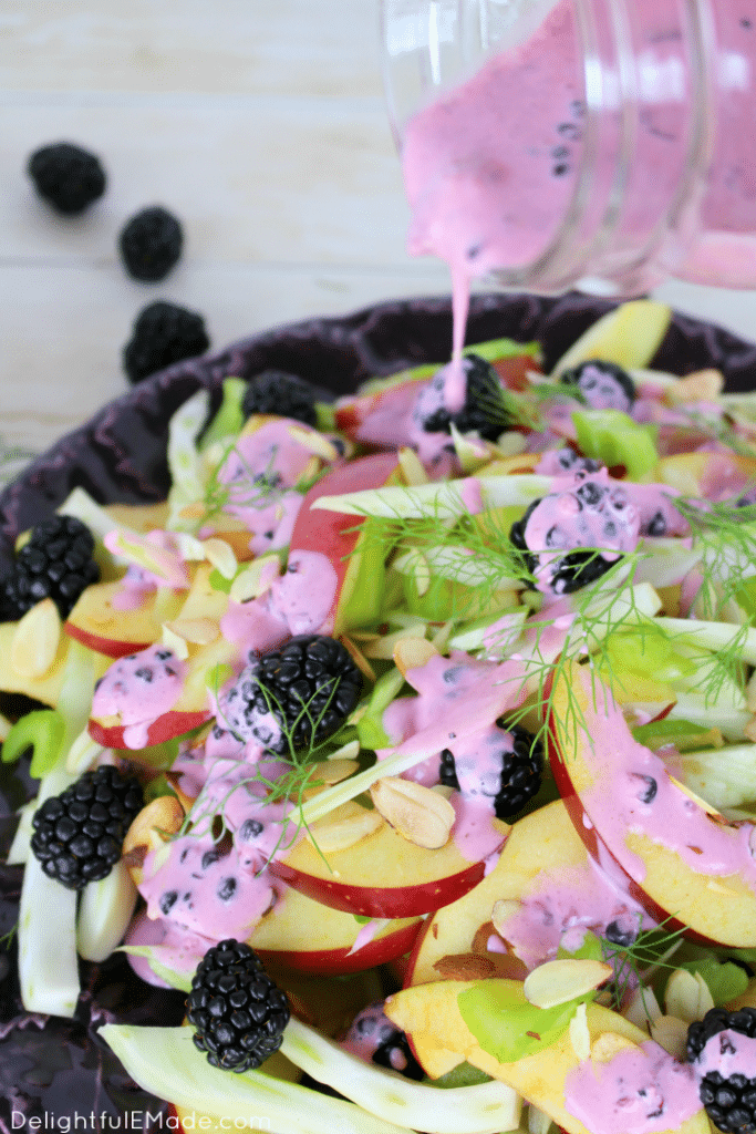 Fresh, crisp apples and fennel are paired with blackberries, celery and toasted almonds to make this delicious salad.  Topped with a creamy blackberry vinaigrette, this delicious side dish comes together in just minutes!  Perfect paired with chicken or salmon and also makes a wonderful holiday side!