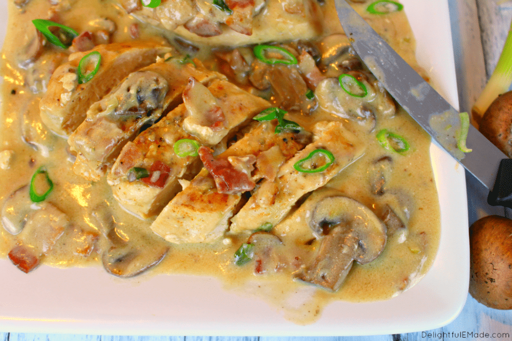 An amazing way to prepare chicken breasts, this Creamy Skillet Chicken with Mushrooms and Bacon is the ultimate dinner solution any night of the week. This fantastic chicken dish is simple enough for a weeknight meal, or perfect for company on the weekend!