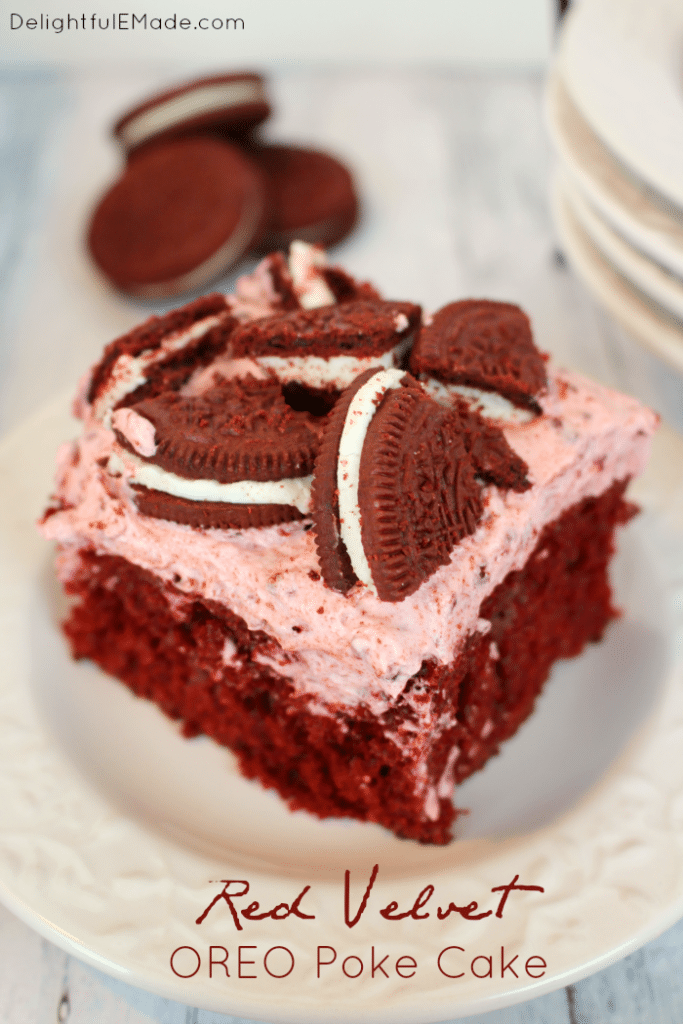 A red velvet cake lovers dream! Red velvet cake topped with a delicious cream cheese filling and loaded with Red Velvet OREO's. The ultimate dessert perfect for any occasion!