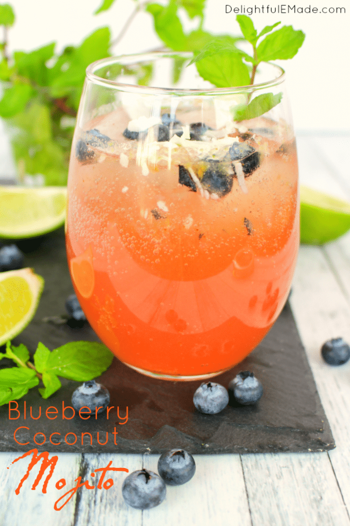 This Blueberry Coconut Mojito is an amazing cocktail perfect for sipping on a hot day! Coconut rum along with muddled blueberries, mint leaves and coconut come together wonderfully to make this refreshing, delicious drink. A great beverage to celebrate Cinco de Mayo, too!