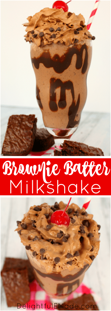 Every chocolate lovers dream!! This Brownie Batter Milkshake is loaded with creamy, delicious chocolate flavor, brownie pieces, and topped with delicious chocolate whipped cream! The perfect frozen treat for cooling off on a hot day!