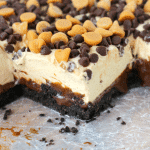 A chocolate and peanut butter lovers dream! With an OREO cookie crust, hot fudge, a thick layer of peanut butter mousse and topped with chocolate and peanut butter chips, these bars are cool, creamy and completely delicious!