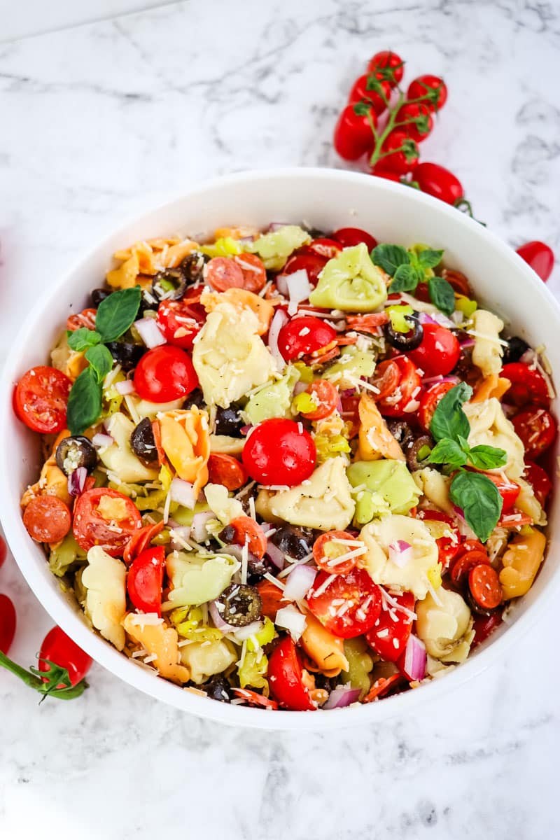 Italian tortellini pasta salad in a large white bowl garnished with basil leaves and tomatoes.