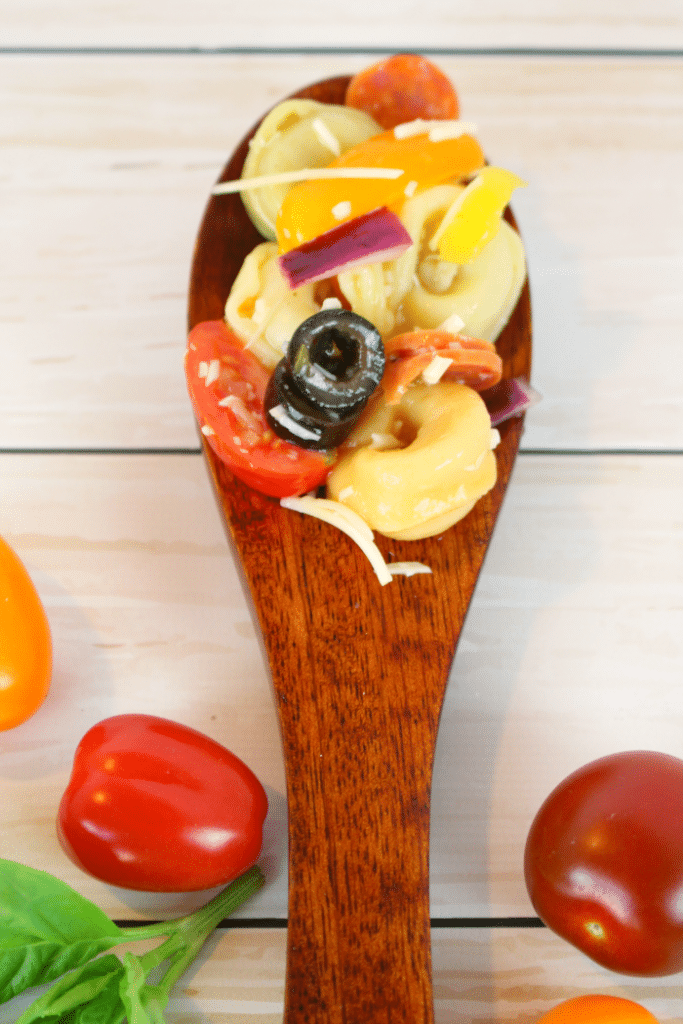 The perfect pasta salad or side dish for any pot-luck, picnic, cookout or backyard barbecue! This delicious tortellini salad is loaded with all of your Italian favorites, like salami, tomatoes, olives, banana peppers, red onion, and topped with Italian dressing and shredded Parmesan cheese! 