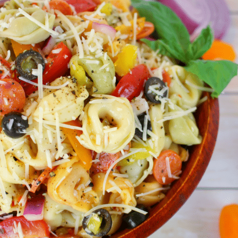 The perfect pasta salad for any pot-luck, picnic, cookout or backyard barbecue! This delicious tortellini salad is loaded with all of your Italian favorites, like salami, tomatoes, olives, banana peppers, red onion, and topped with Italian dressing and shredded Parmesan cheese! The ultimate side dish for any meal!