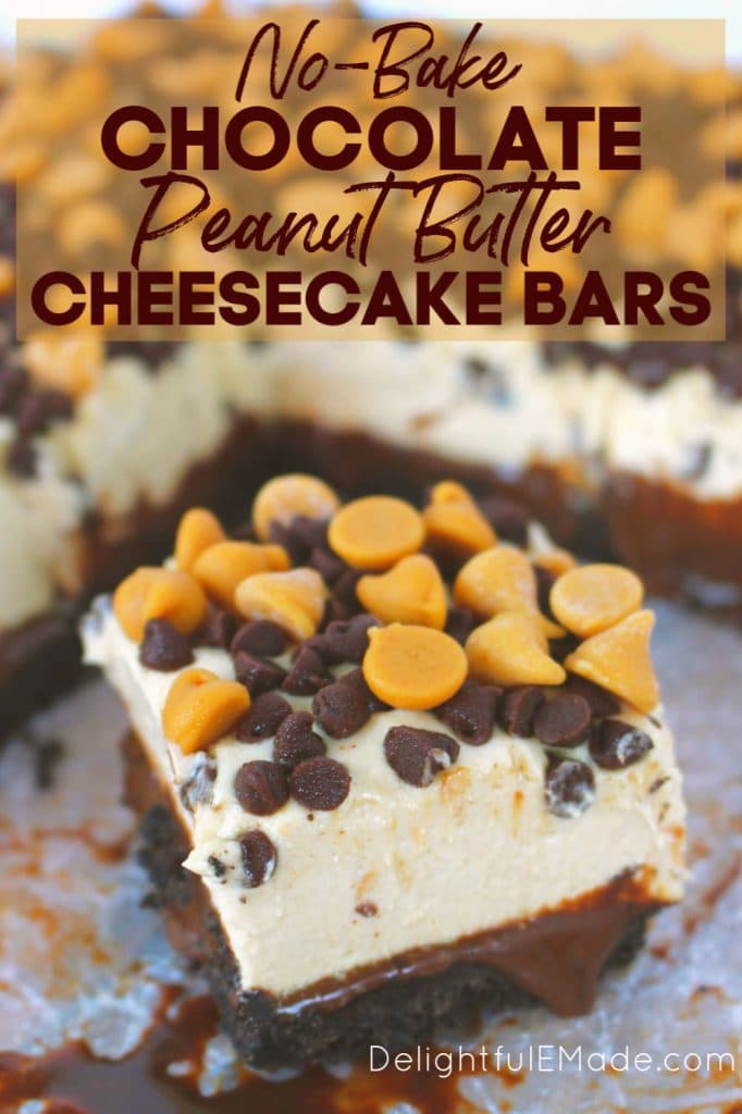 These Chocolate Peanut Butter Cheesecake Bars are a chocolate and peanut butter lovers dream!  Made with an OREO crust, hot fudge, dreamy peanut butter mousse and topped with peanut butter chips, these no bake cheesecake bars are cool, creamy and completely delicious!