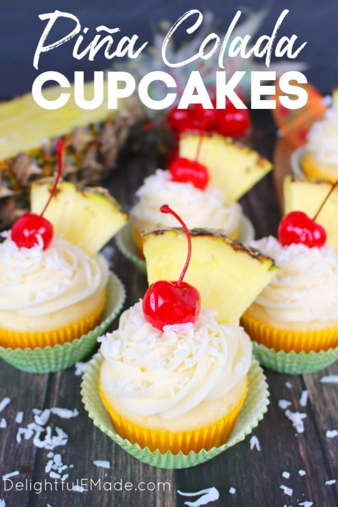 The classic Pina Colada cocktail turned into a cupcake!  These Pina Colada Cupcakes included a moist, delicious cake and topped with an amazing coconut cream cheese frosting.  These pineapple coconut cupcakes are perfect to celebrate any occasion!