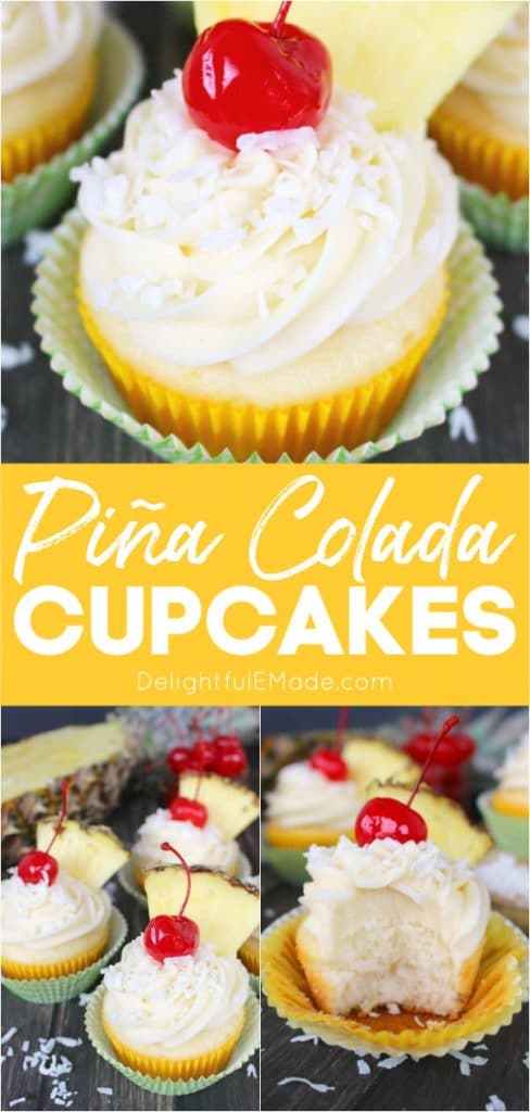 The classic Pina Colada cocktail turned into a cupcake!  These Pina Colada Cupcakes included a moist, delicious cake and topped with an amazing coconut cream cheese frosting.  These pineapple coconut cupcakes are perfect to celebrate any occasion!