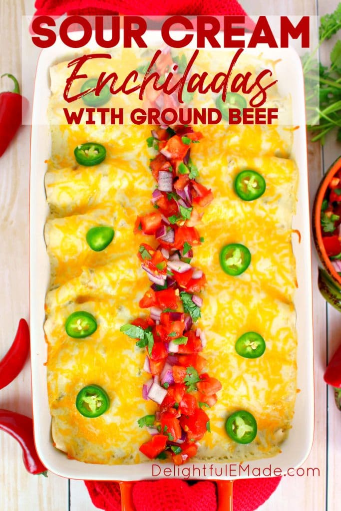 The best beef enchilada recipe on the internet!  Stuffed with seasoned ground beef and cheese, smothered with a delicious sour cream sauce, topped with more cheese and baked to perfection. These Beef Sour Cream Enchiladas are incredible!