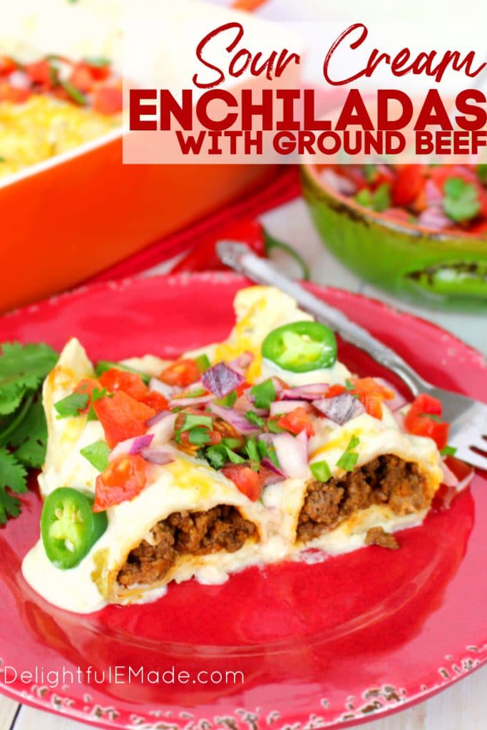 The best beef enchilada recipe on the internet!  Stuffed with seasoned ground beef and cheese, smothered with a delicious sour cream sauce, topped with more cheese and baked to perfection. These Beef Sour Cream Enchiladas are incredible!