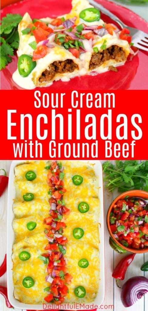 The best beef enchilada recipe on the internet!  Stuffed with seasoned ground beef and cheese, smothered with a delicious sour cream sauce, topped with more cheese and baked to perfection. These Beef Sour Cream Enchiladas are incredible!