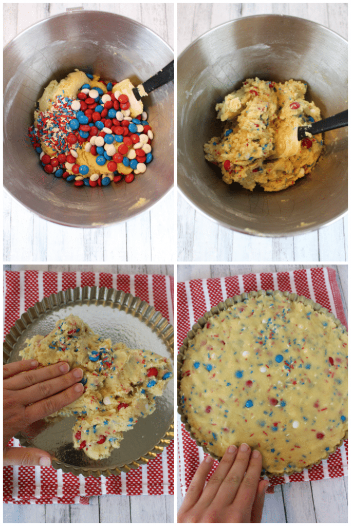 Photo collage of how to make a red white and blue sugar cookie cake. Cookie dough with M&M's and sprinkles, dough being pressed into pan.