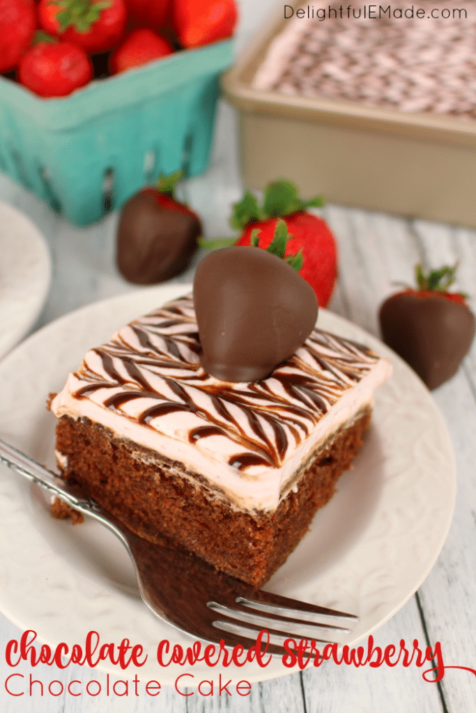 Chocolate and strawberries have never been more delightful! Moist, delicious chocolate cake topped with an amazing strawberry whipped topping and hot fudge swirl! If you like chocolate covered strawberries, you're gonna LOVE this cake!