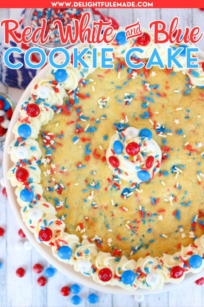 Red white and blue cookie cake with patriotic M&M's and sprinkles.