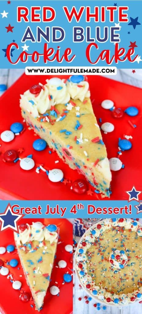 Patriotic cookie cake with red white and blue M&M's and sprinkles.