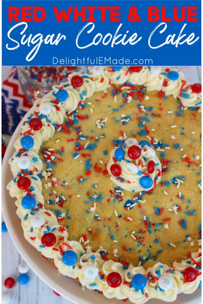 Sugar cookie cake with red, white and blue M&M candies and sprinkles.