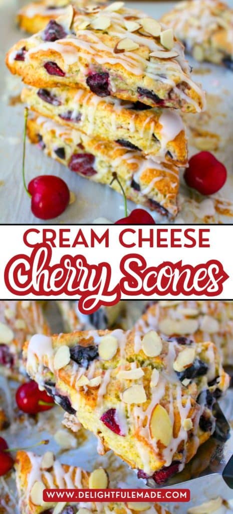 Stack of glazed cherry scones topped with sliced almonds.
