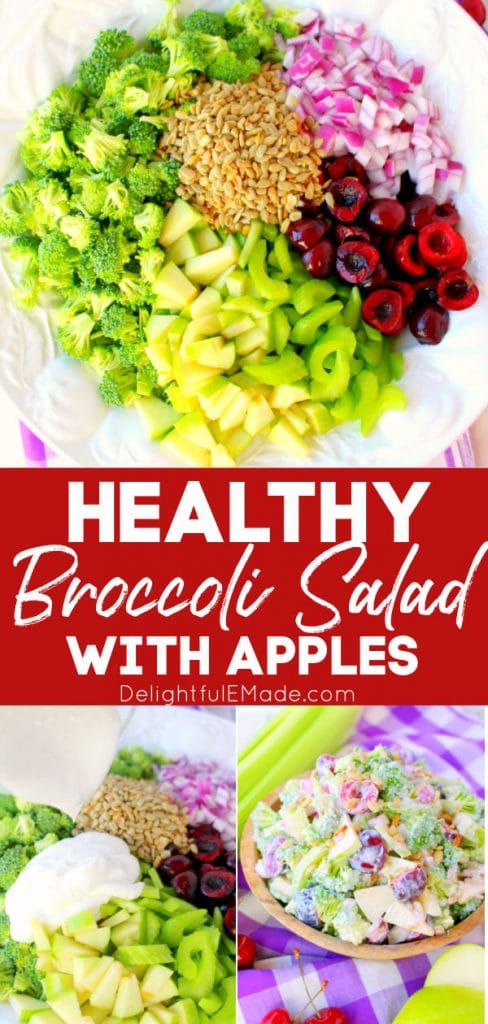 Healthy broccoli salad recipe, broccoli apple salad, in bowl with dressing poured over.