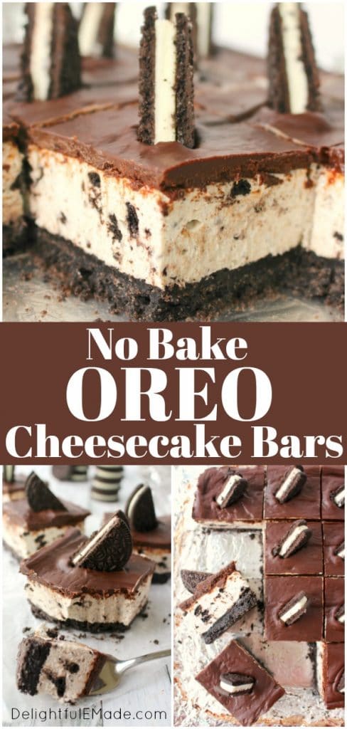 The ultimate dessert for anyone that loves OREO cookies!  These no bake OREO cheesecake bars offer a thick OREO crust, creamy OREO cheesecake filling, and topped with a thick, delicious layer of chocolate.  This no bake OREO Cheesecake recipe is perfect for just about any occasion!