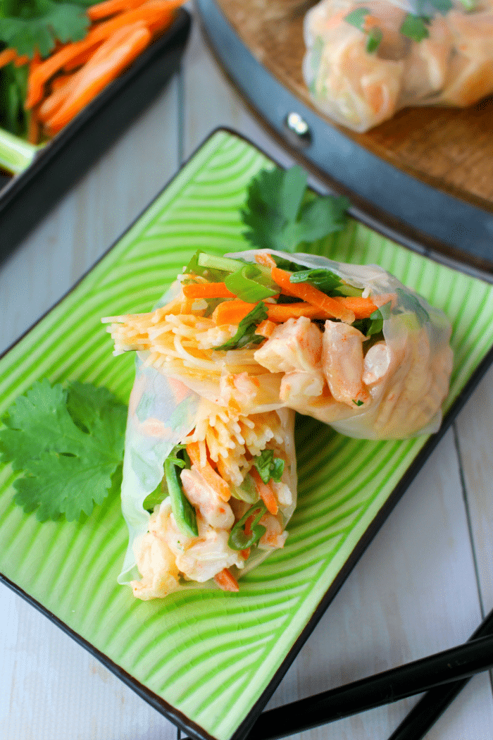 Fresh veggies, tender shrimp and rice noodles are all wrapped together in a spring roll wrapper for the most amazingly flavorful Asian inspired roll. Perfect for a tasty, delicious lunch or light dinner!