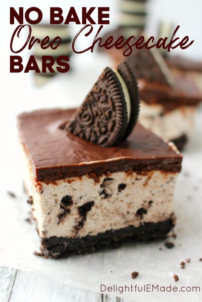 These no bake OREO cheesecake bars offer a thick OREO crust, creamy OREO cheesecake filling, and topped with a thick, delicious layer of chocolate.  This no bake OREO Cheesecake recipe is perfect for just about any occasion!