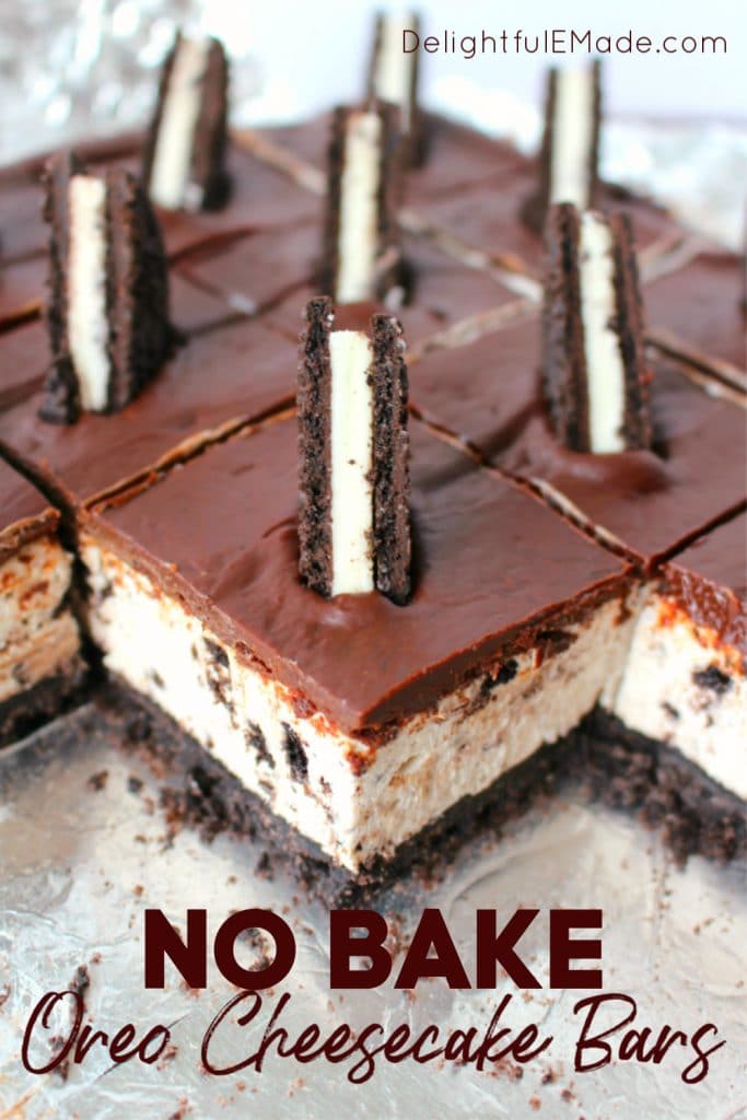 These no bake OREO cheesecake bars offer a thick OREO crust, creamy OREO cheesecake filling, and topped with a thick, delicious layer of chocolate.  This no bake OREO Cheesecake recipe is perfect for just about any occasion!